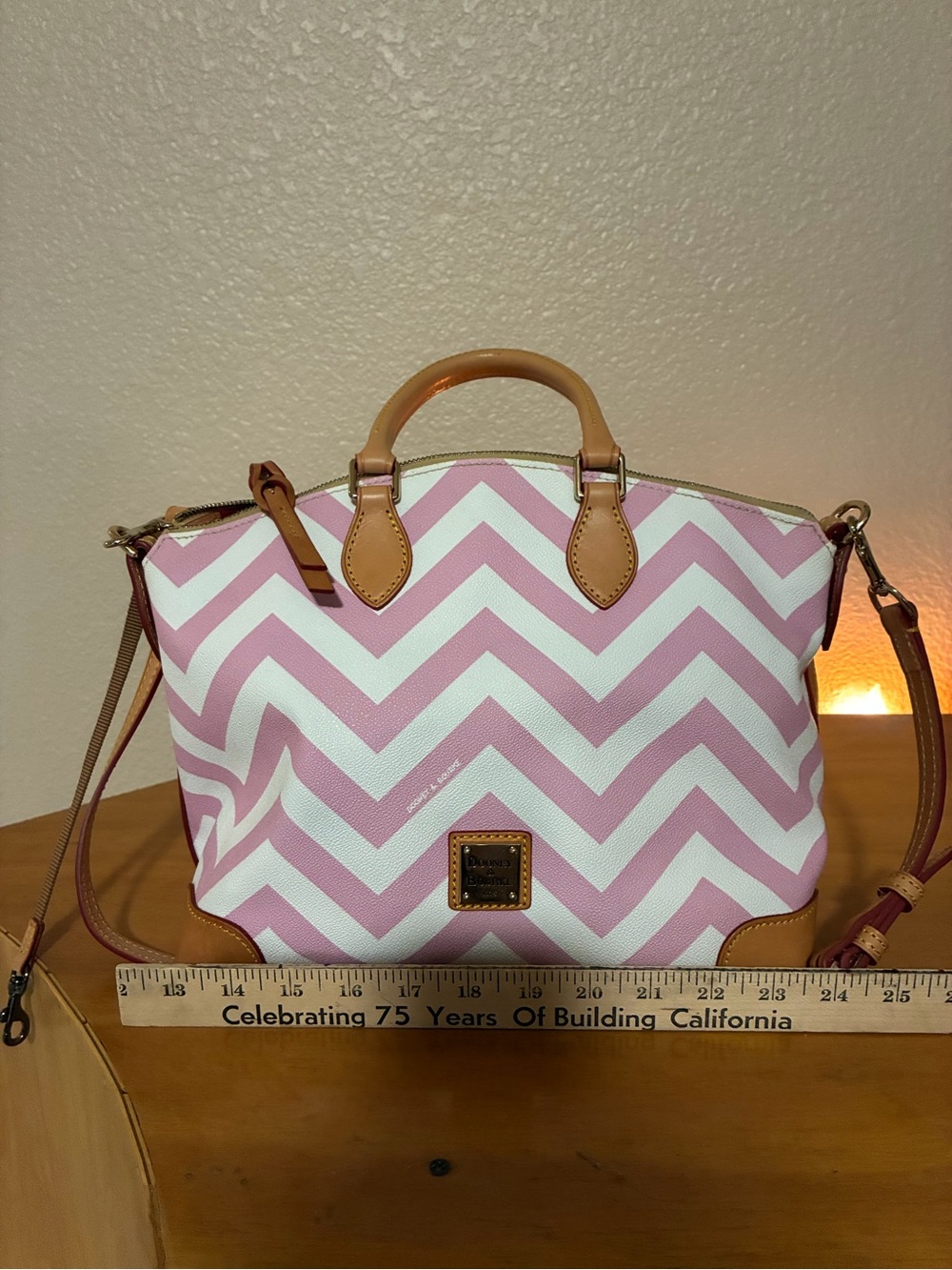 Dooney & Bourke Pink and White Chevron Satchel with Tan Trim - Picture 2 of 5